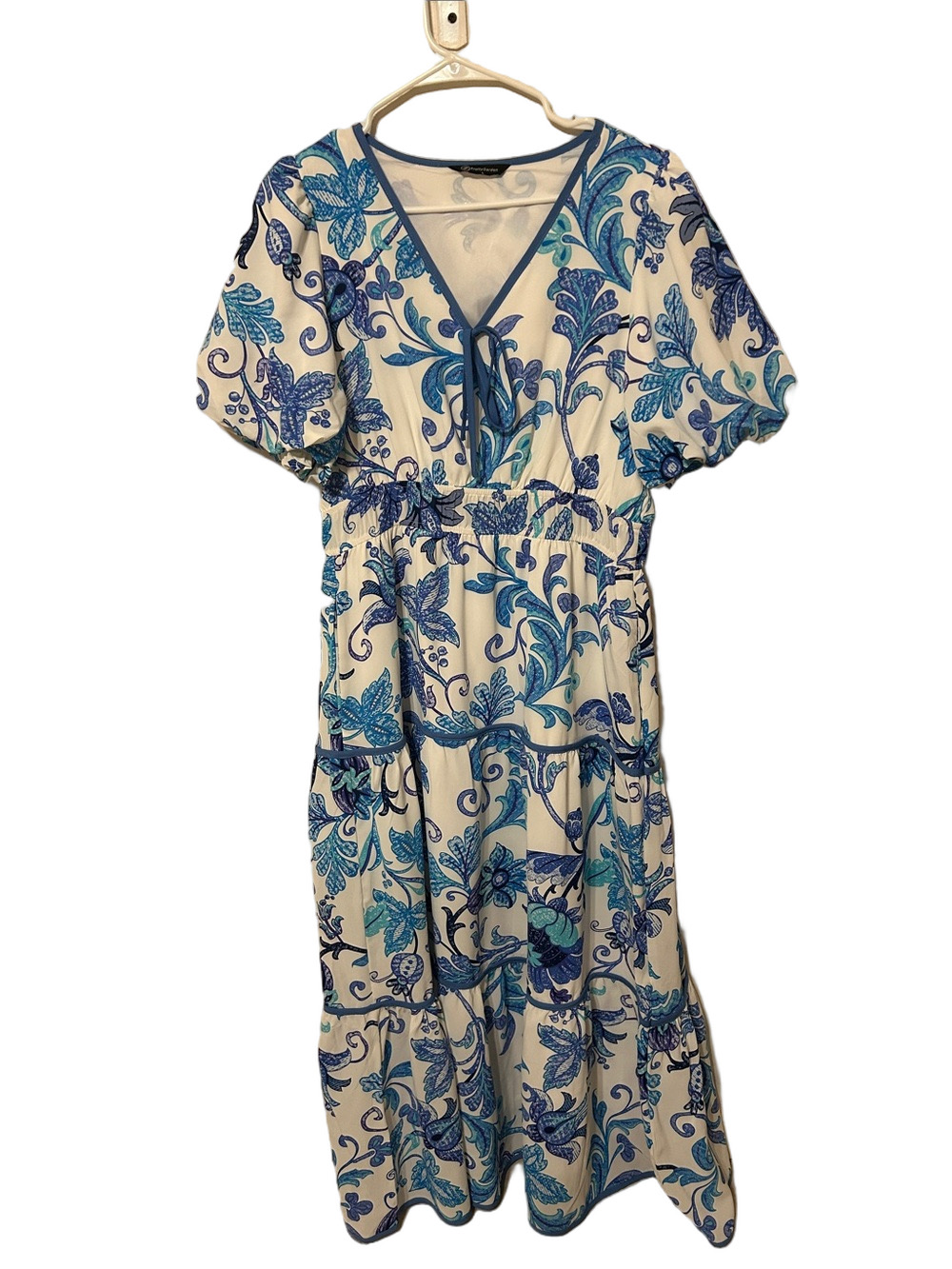 🎒Pretty Garden White & Blue Floral V-Neck Tiered Midi Dress size L GUC - Picture 4 of 15